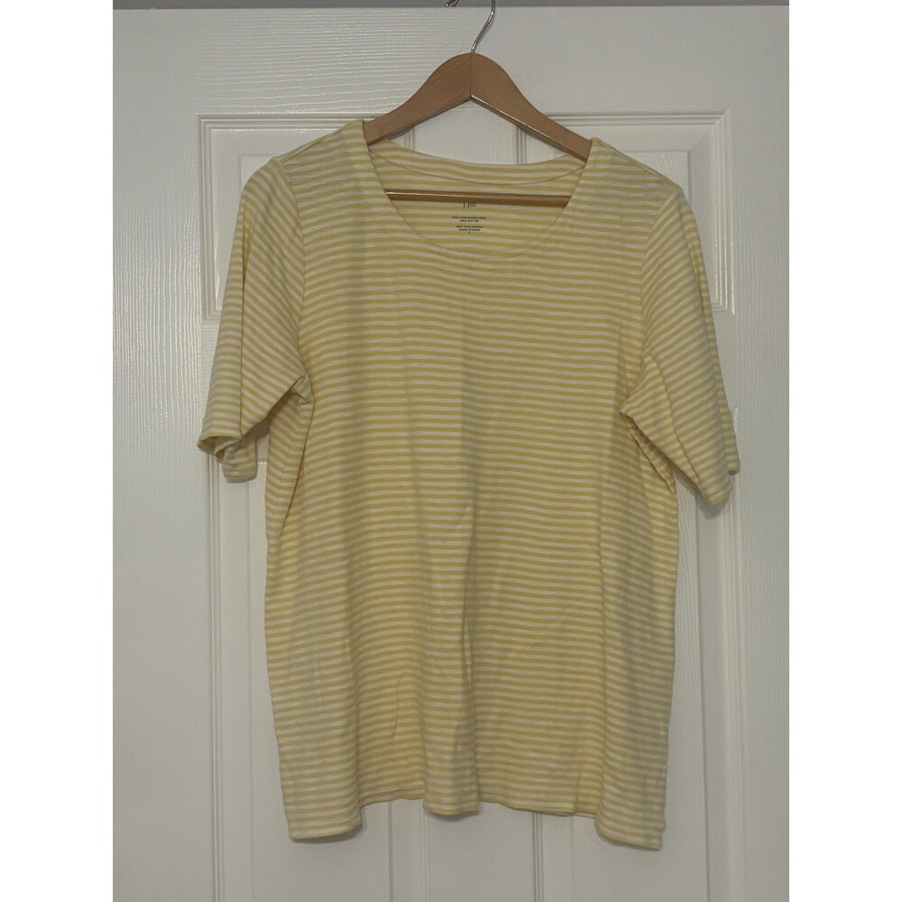 J. Jill Pima Slub Scoop Neck Tee Womens L White Yellow Striped Side Slit